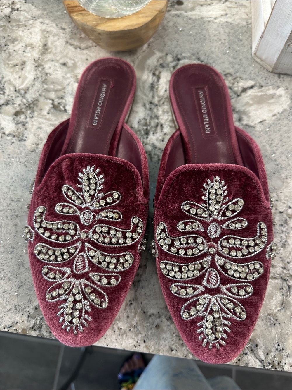 ANTONIO MELANI Burgundy Velvet Crystal-Embellished Slide Mules